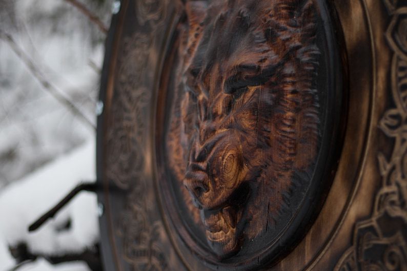 Viking Wolf Shield – Hand-Carved Wooden Round Shield (Burned Nordic Knotwork)
