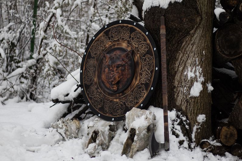 Viking Wolf Shield – Hand-Carved Wooden Round Shield (Burned Nordic Knotwork)