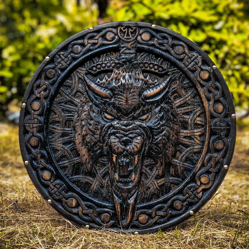 Fenrir Viking Shield – Deep-Carved Wooden Round Shield (Blackened Finish)