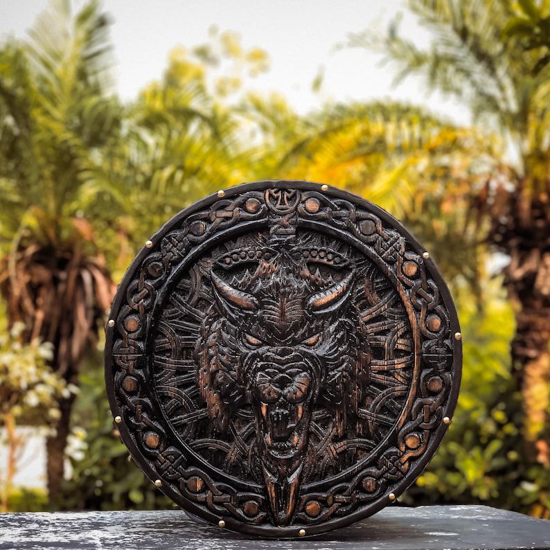 Fenrir Viking Shield – Deep-Carved Wooden Round Shield (Blackened Finish)