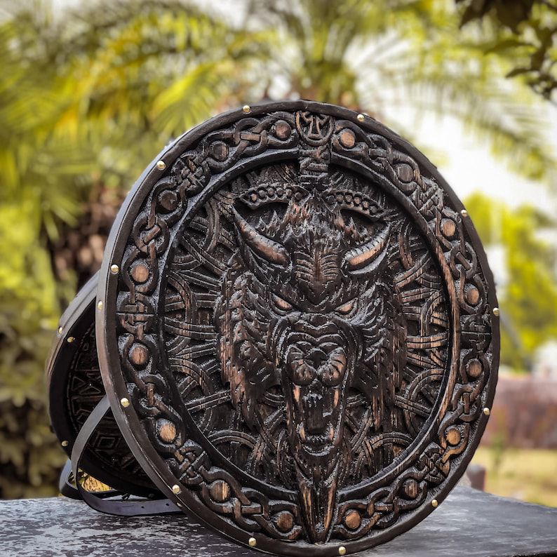 Fenrir Viking Shield – Deep-Carved Wooden Round Shield (Blackened Finish)