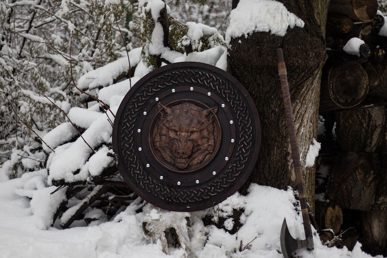 Viking Wolf Shield – Hand-Carved Wooden Round Shield (Dark Finish)