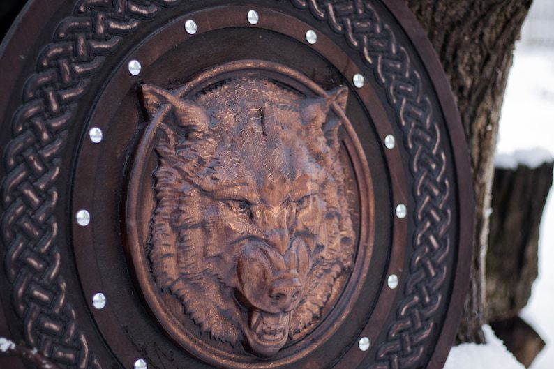 Viking Wolf Shield – Hand-Carved Wooden Round Shield (Dark Finish)