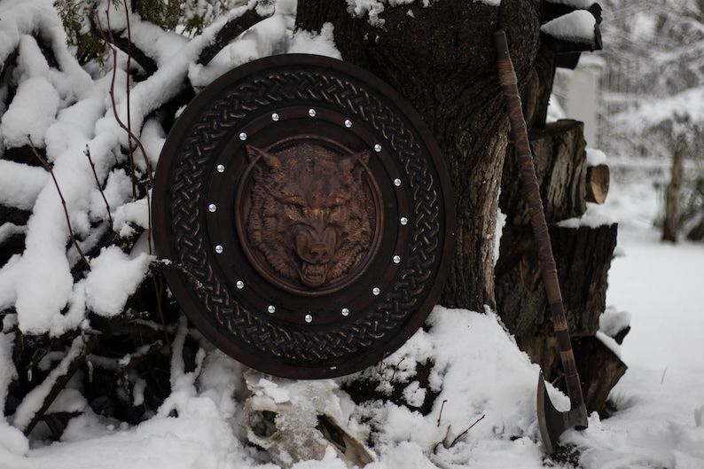 Viking Wolf Shield – Hand-Carved Wooden Round Shield (Dark Finish)