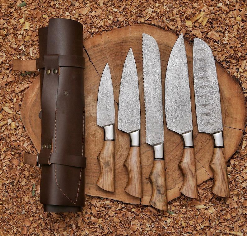 Damascus Steel Chef Knife Set – 5-Piece with Leather Carry Roll