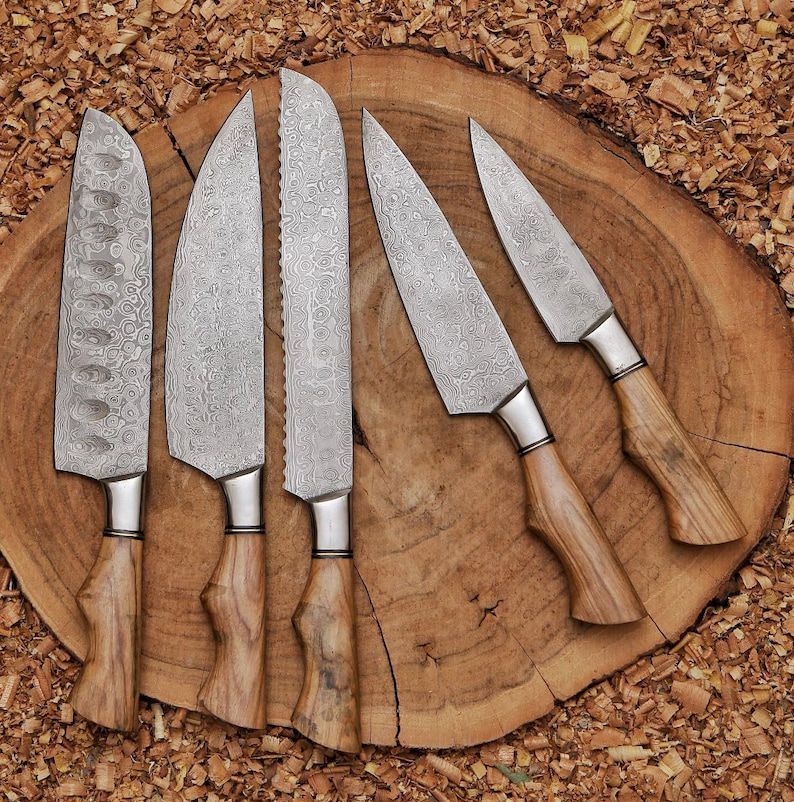 Damascus Steel Chef Knife Set – 5-Piece with Leather Carry Roll