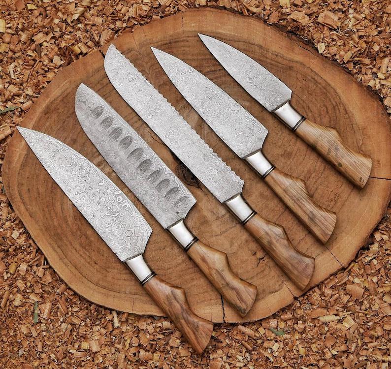 Damascus Steel Chef Knife Set – 5-Piece with Leather Carry Roll