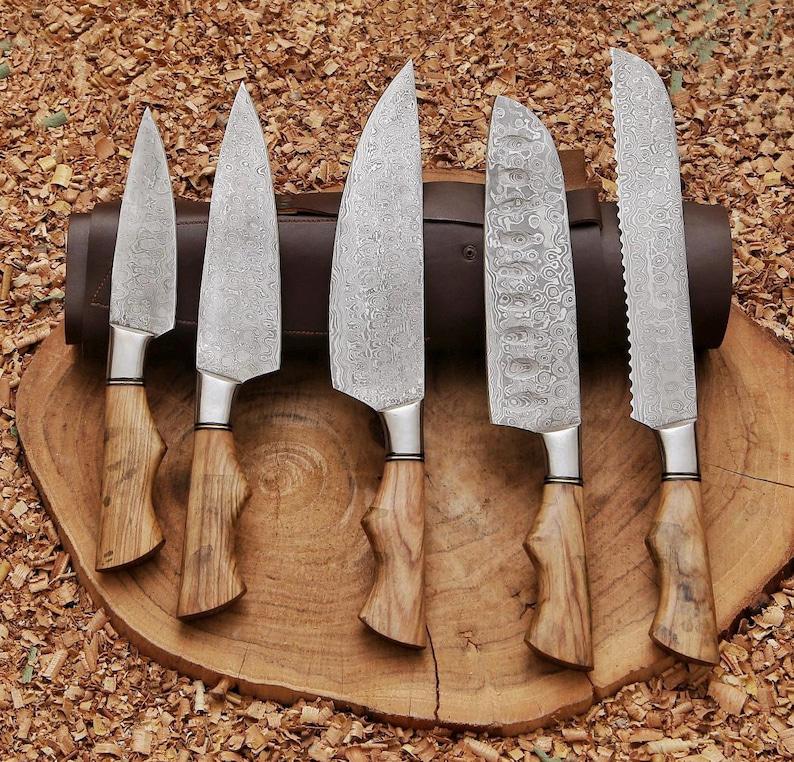Damascus Steel Chef Knife Set – 5-Piece with Leather Carry Roll