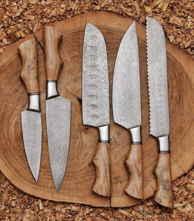 Damascus Steel Chef Knife Set – 5-Piece with Leather Carry Roll