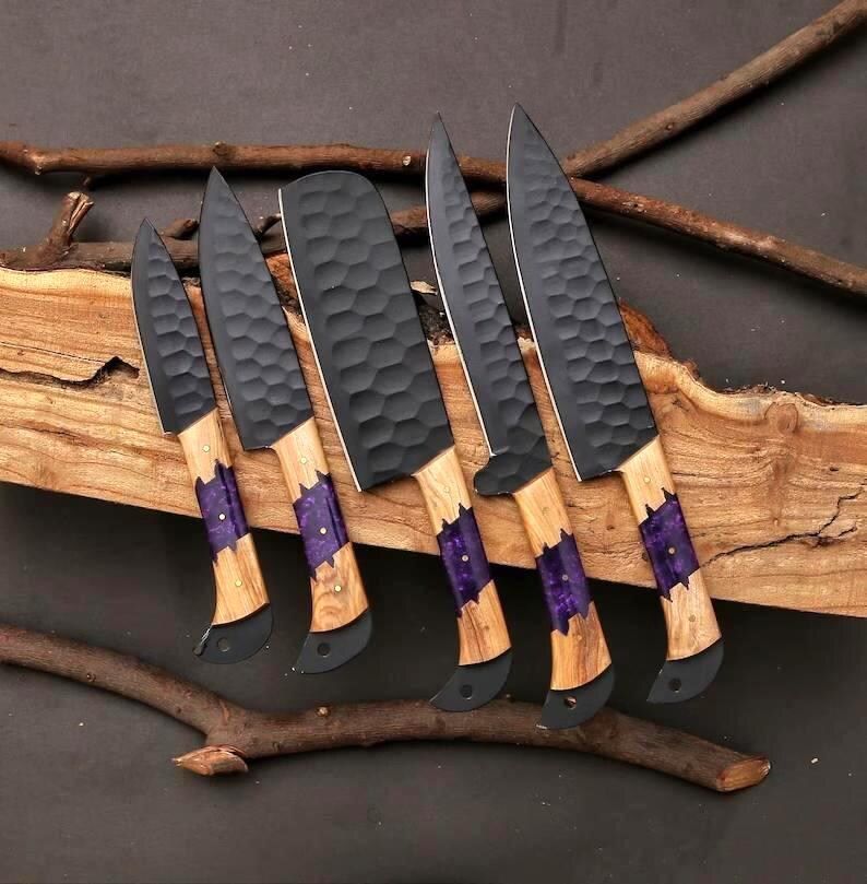 Hand-Forged Hammered Steel Knife Set – 5-Piece with Leather Carry Roll