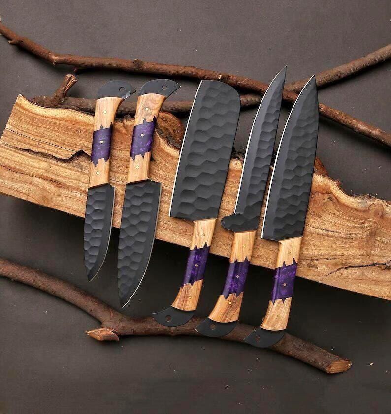 Hand-Forged Hammered Steel Knife Set – 5-Piece with Leather Carry Roll
