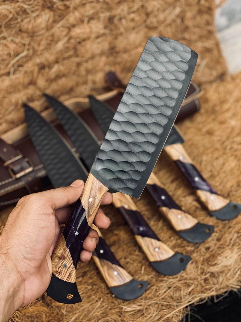 Hand-Forged Hammered Steel Knife Set – 5-Piece with Leather Carry Roll