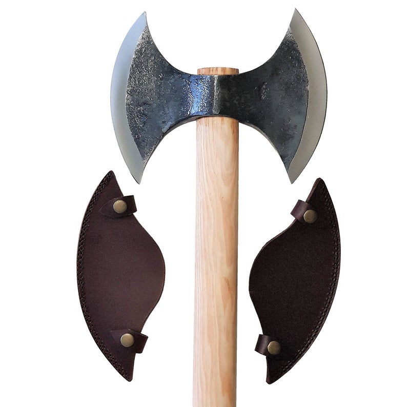 hand forged battle terror viking double head axe medieval axe with leather sheath