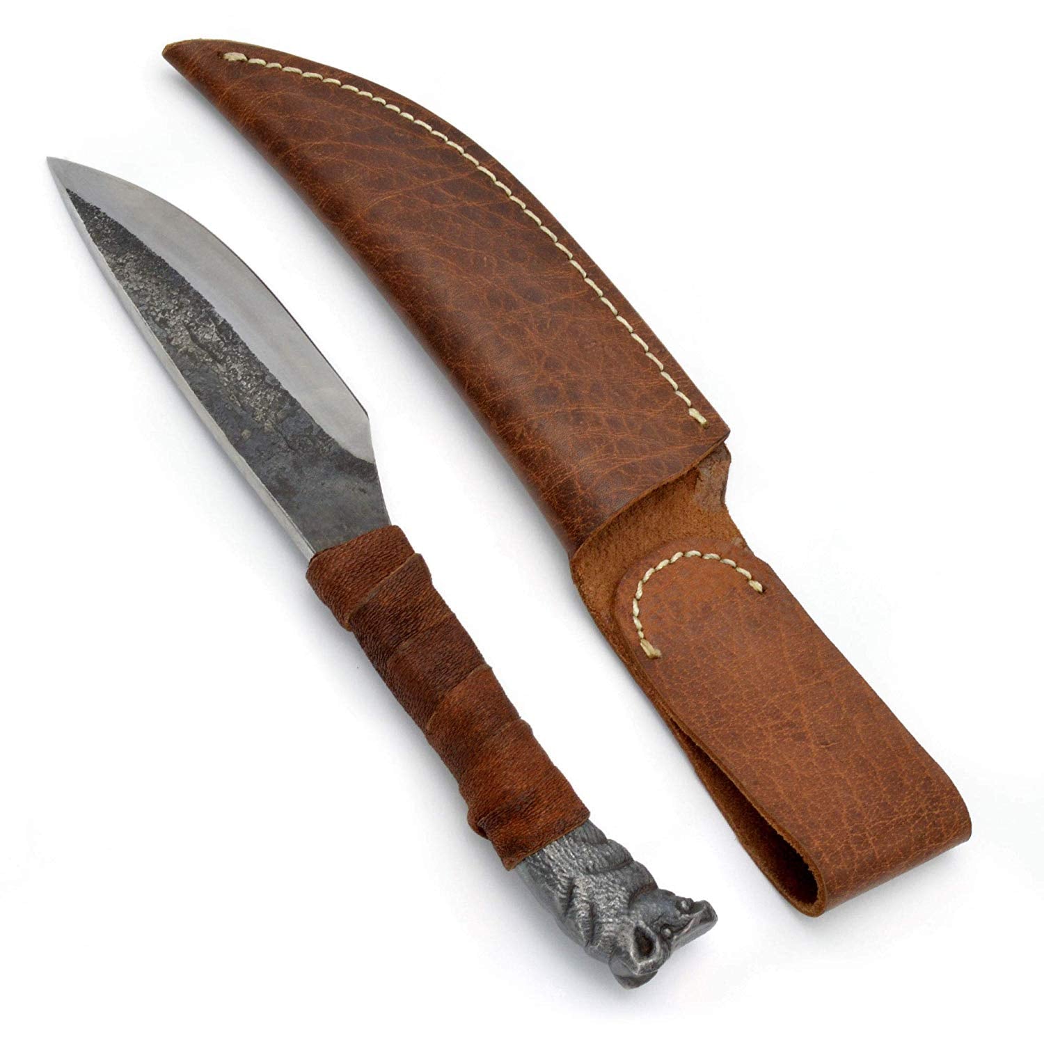 Viking Knife With Boar's Head Hilt & Leather Sheath