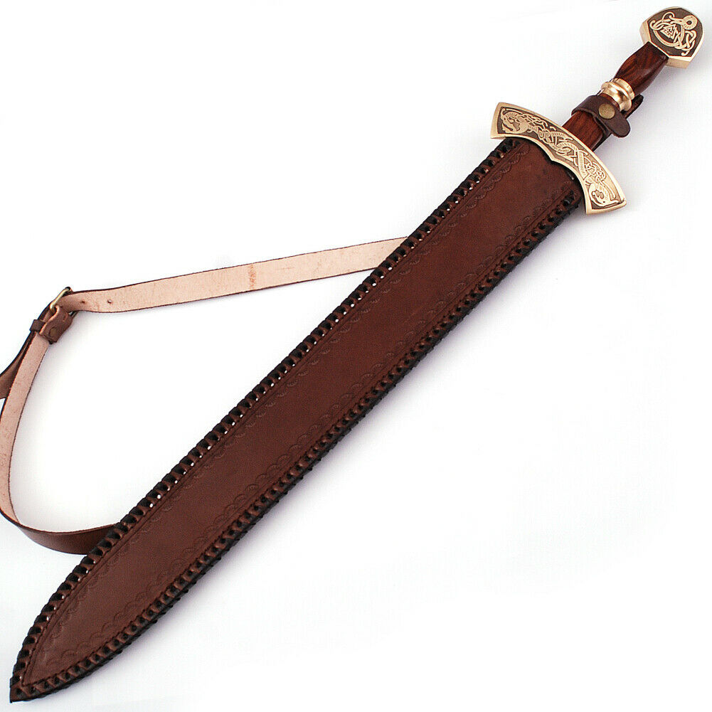 HAND FORGED 32 INCH VIKING DAMASCUS STEEL SWORD WITH LEATHER SHEATH