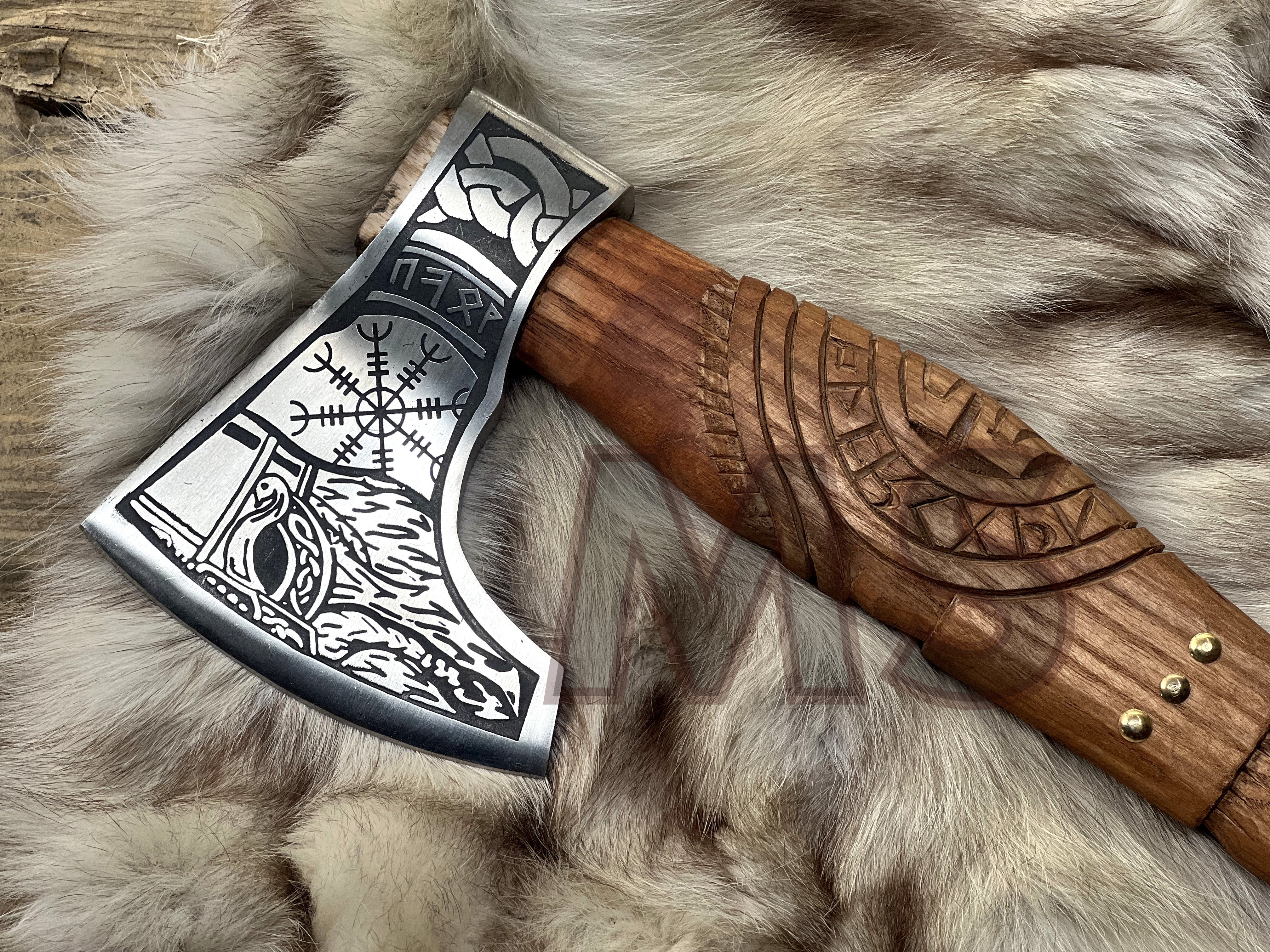 HAND FORGED VIKING ETCHED AXE ENGRAVED HANDLE WITH SHEATH