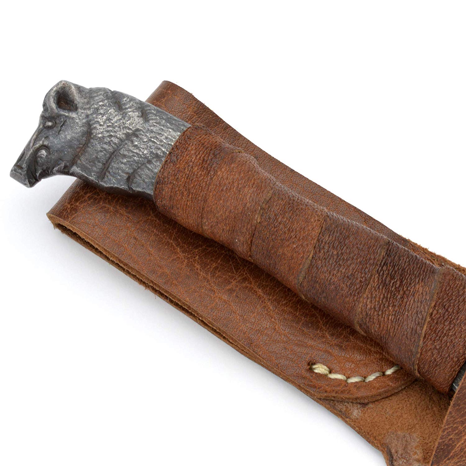 Viking Knife With Boar's Head Hilt & Leather Sheath