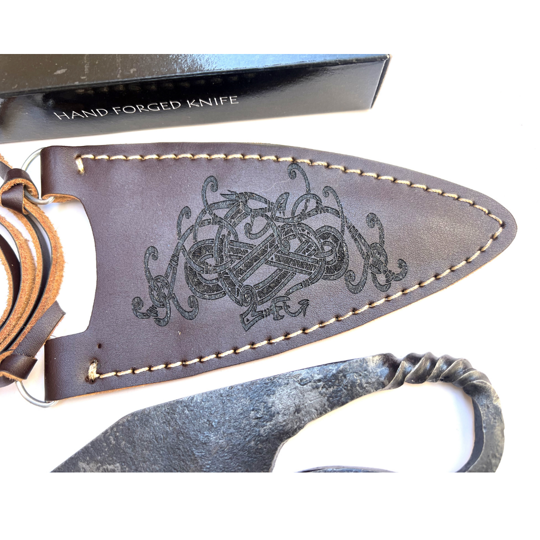 Hand Forged 5160 Steel Medieval Viking Seax knife With Engraved Jormungandr Art on Sheath