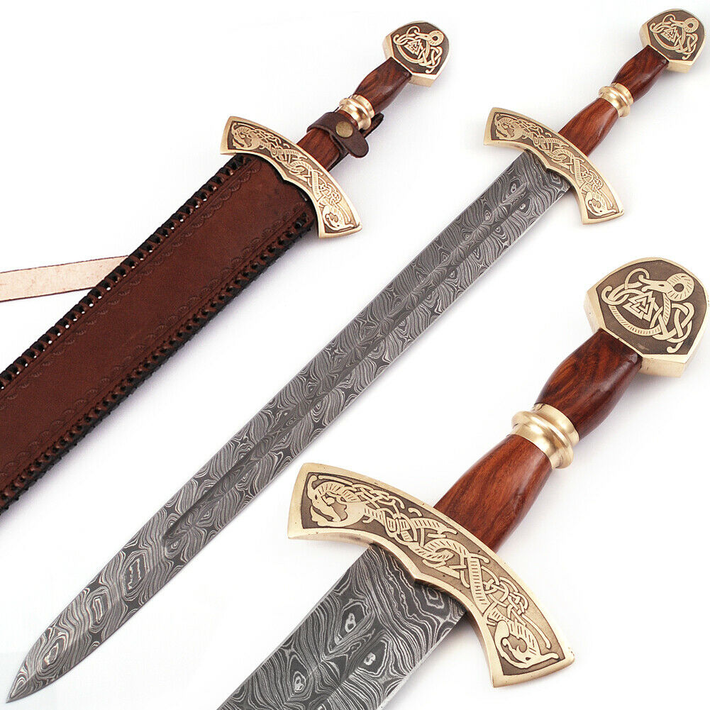 HAND FORGED 32 INCH VIKING DAMASCUS STEEL SWORD WITH LEATHER SHEATH