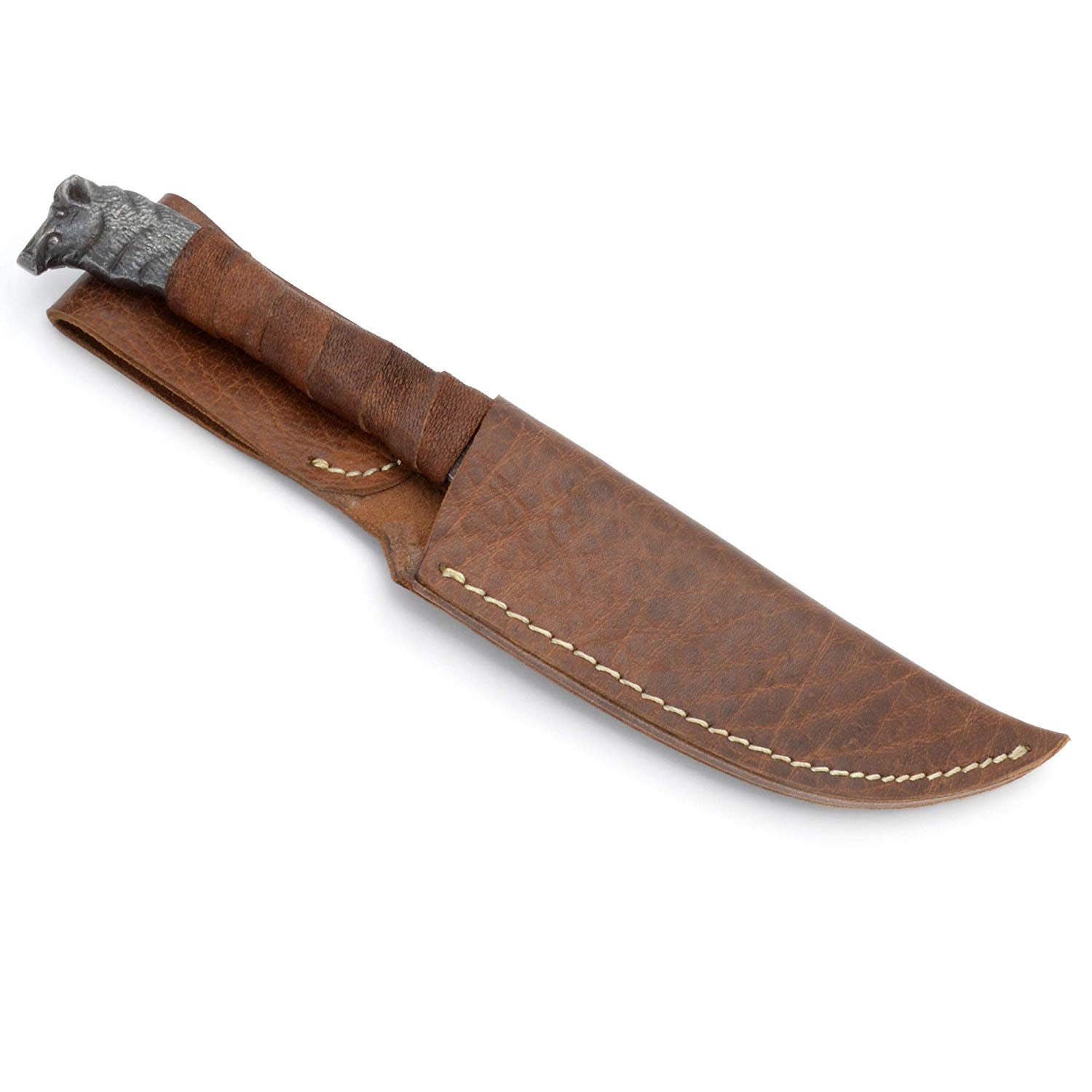 Viking Knife With Boar's Head Hilt & Leather Sheath