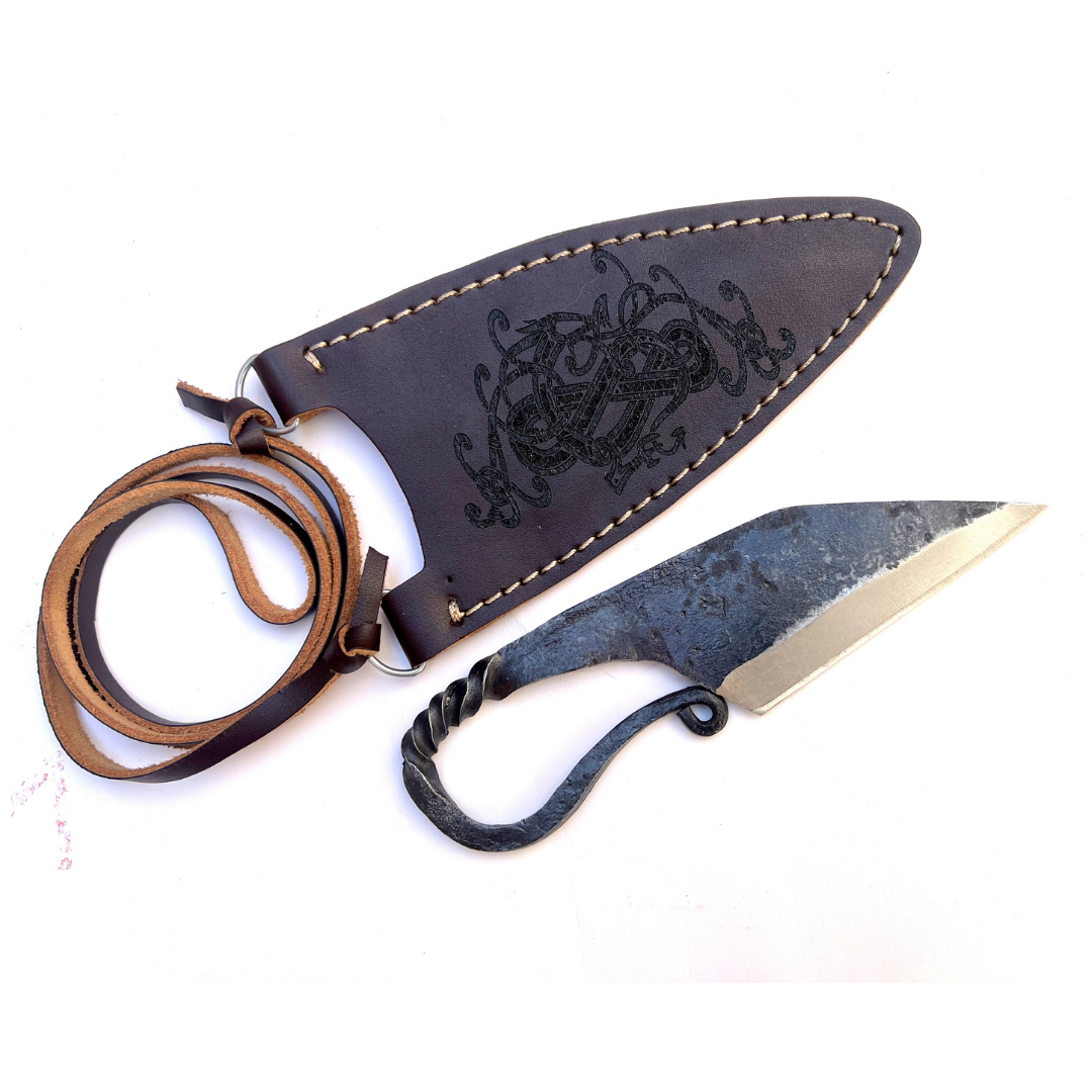 Hand Forged 5160 Steel Medieval Viking Seax knife With Engraved Jormungandr Art on Sheath