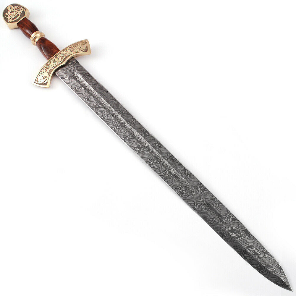 HAND FORGED 32 INCH VIKING DAMASCUS STEEL SWORD WITH LEATHER SHEATH