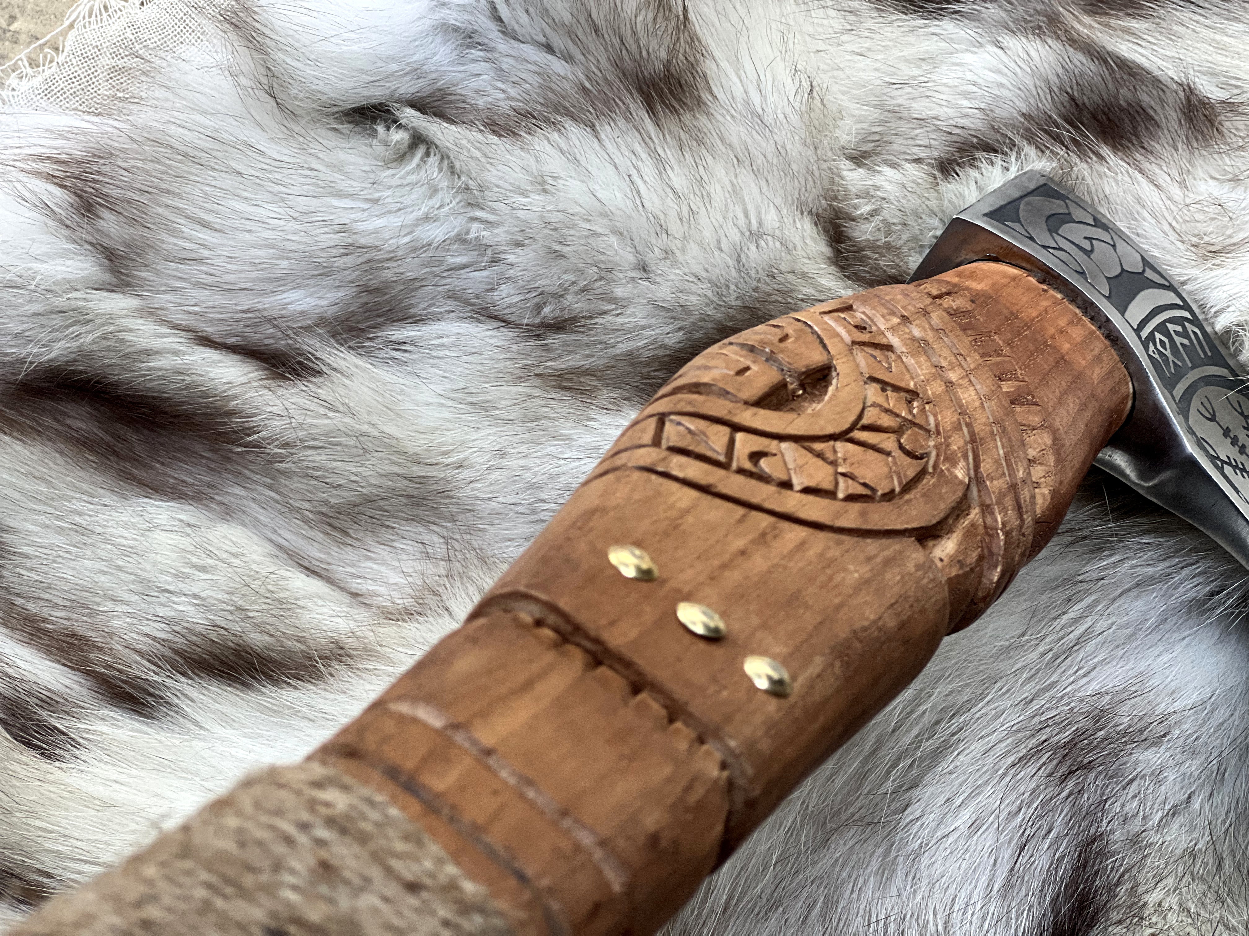 HAND FORGED VIKING ETCHED AXE ENGRAVED HANDLE WITH SHEATH