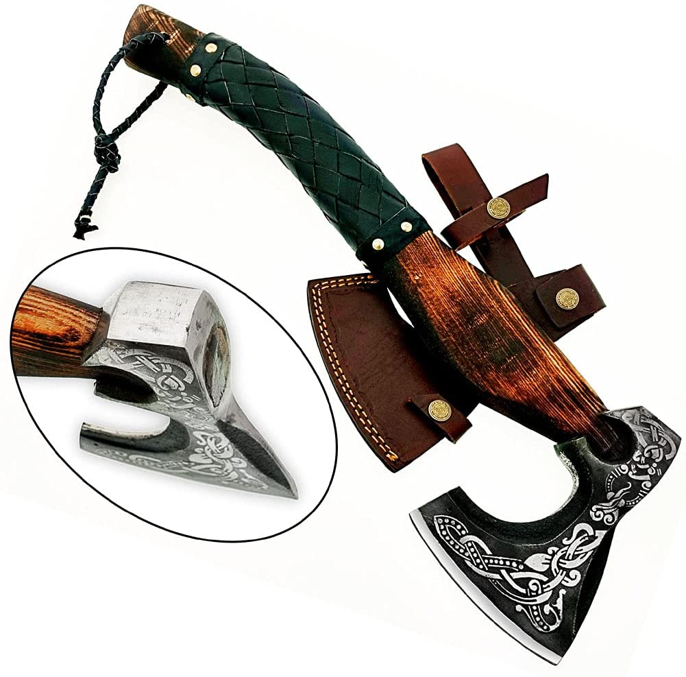 hand forged viking axe with leather wrap around handle and sheath