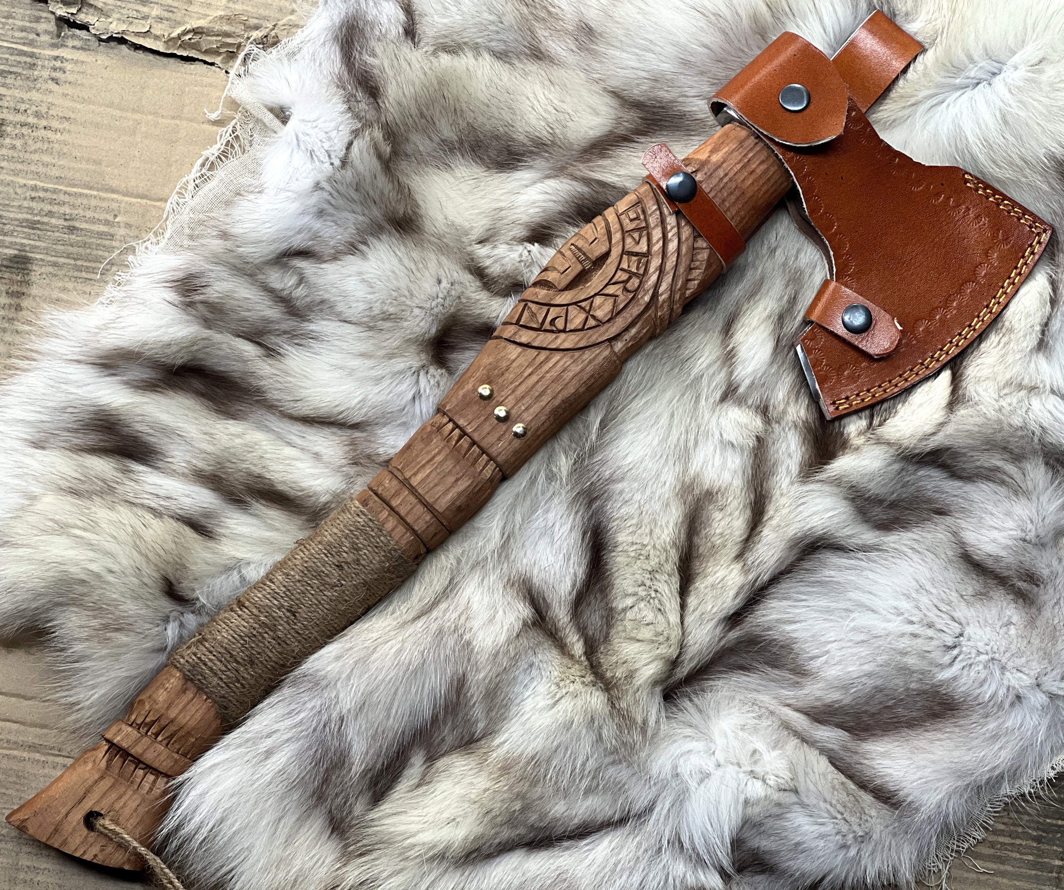 HAND FORGED VIKING ETCHED AXE ENGRAVED HANDLE WITH SHEATH