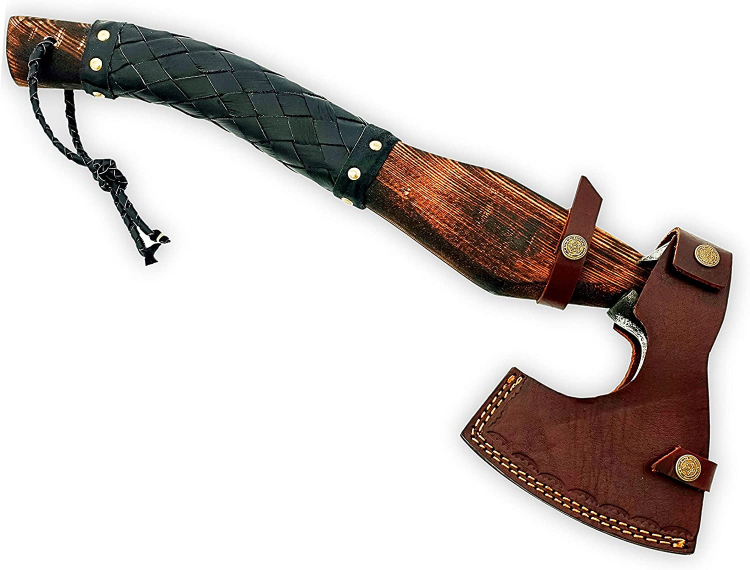 hand forged viking axe with leather wrap around handle and sheath