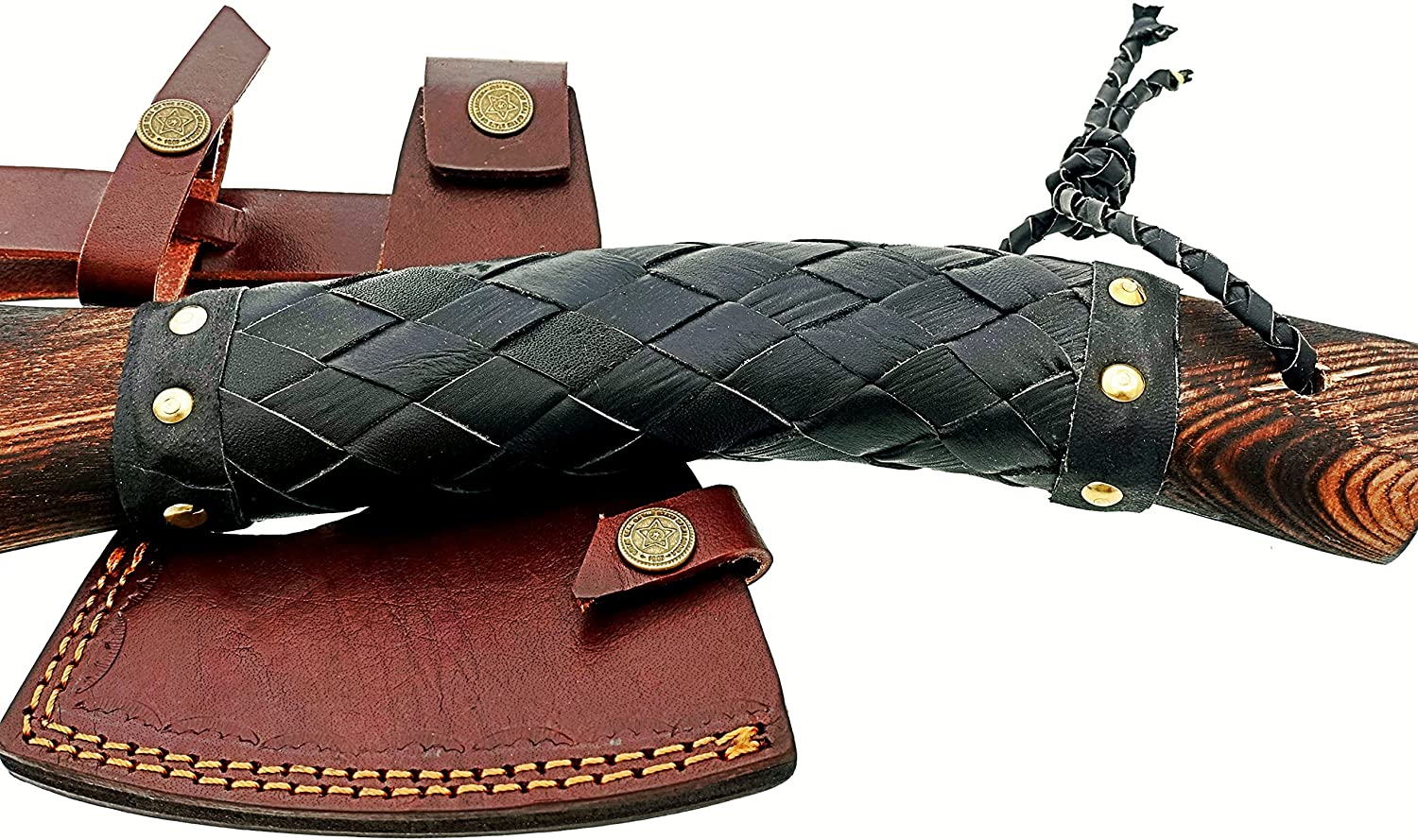 hand forged viking axe with leather wrap around handle and sheath