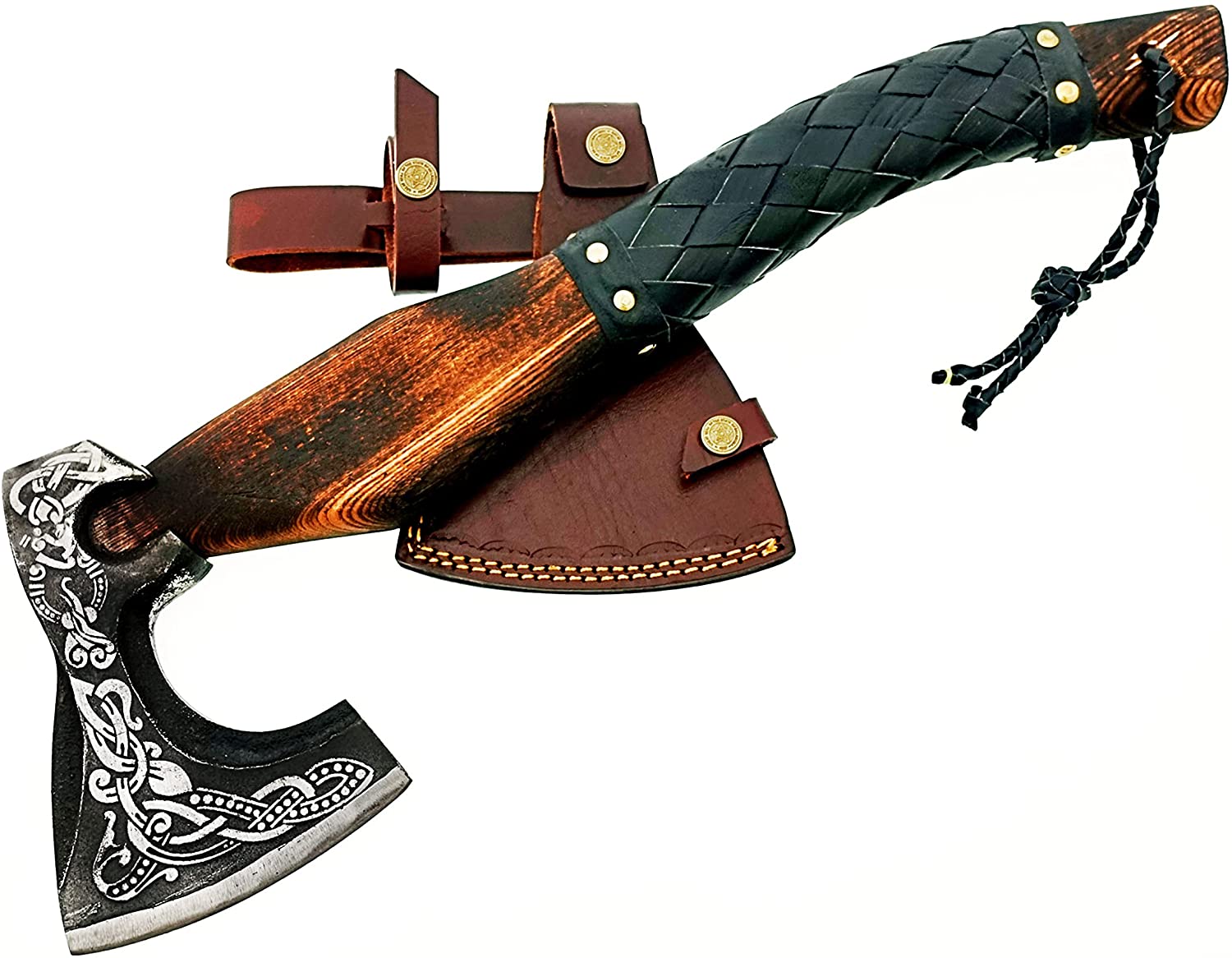 hand forged viking axe with leather wrap around handle and sheath