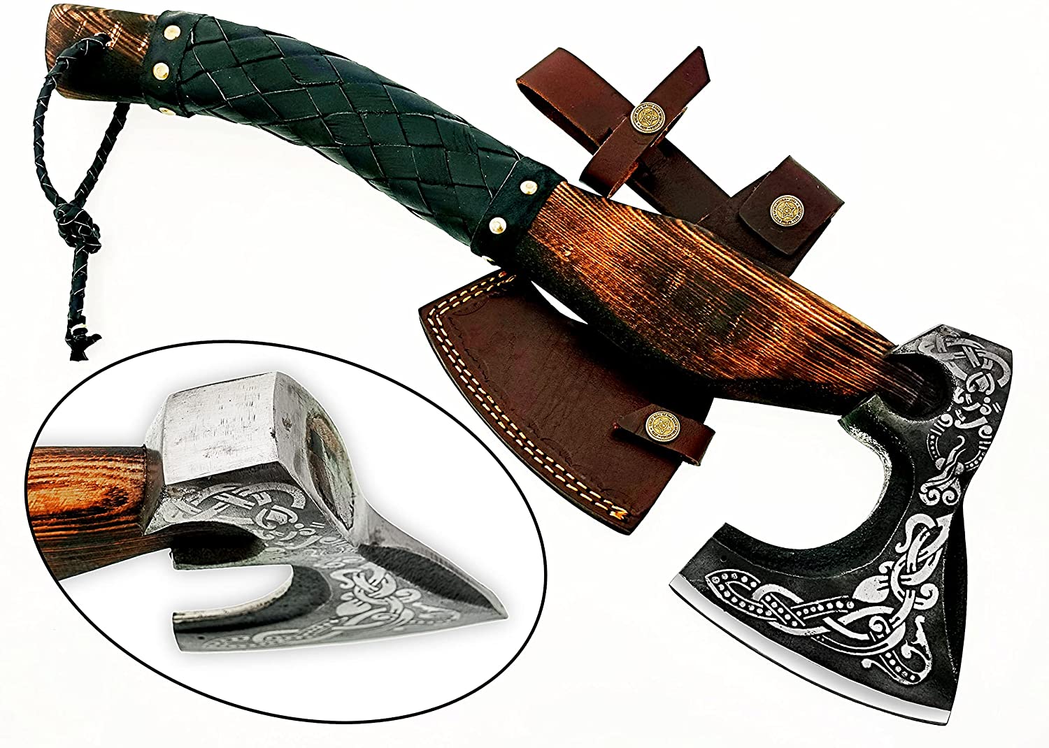 hand forged viking axe with leather wrap around handle and sheath