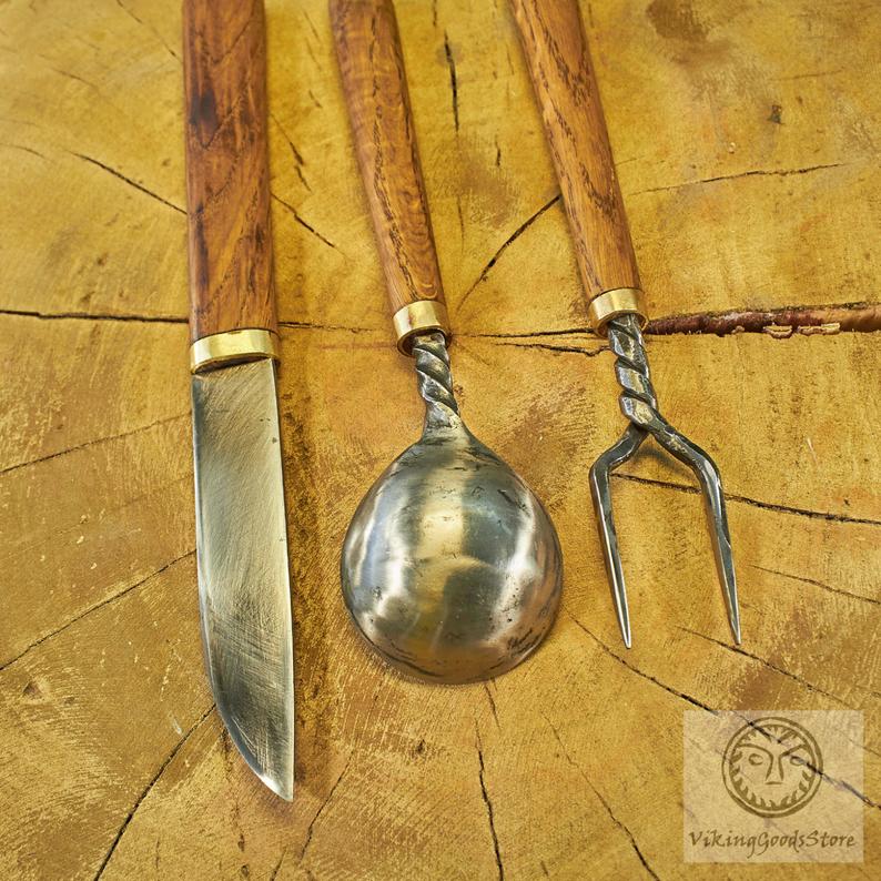 hand forged carbon steel viking cutlery set utensil kit with wooden handle
