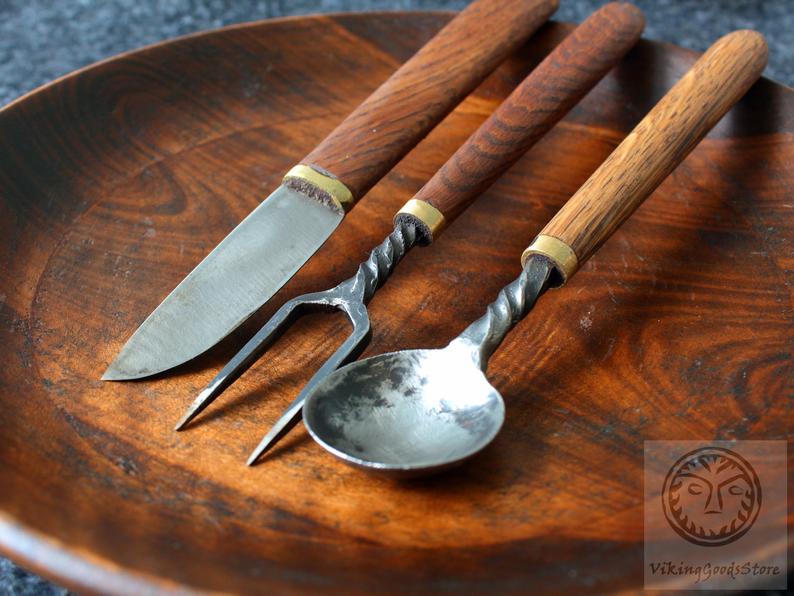 hand forged carbon steel viking cutlery set utensil kit with wooden handle