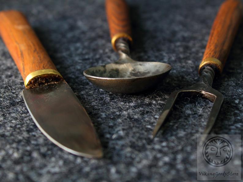 hand forged carbon steel viking cutlery set utensil kit with wooden handle