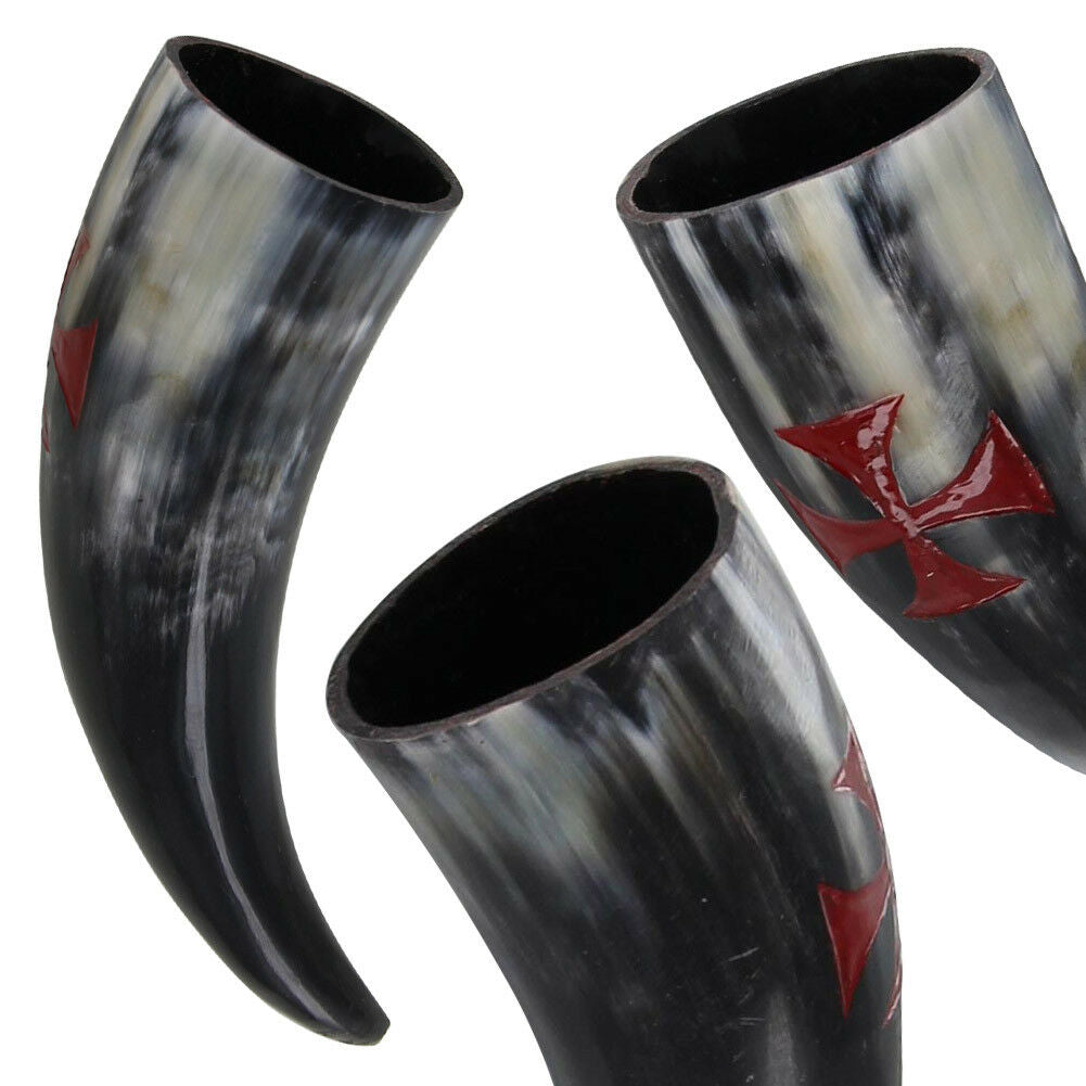 Medieval Renaissance Feasting Hand Carved Knights Templar Drinking Horn Set