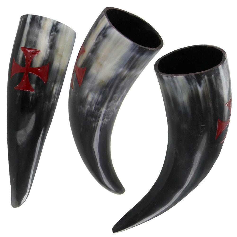 Medieval Renaissance Feasting Hand Carved Knights Templar Drinking Horn Set
